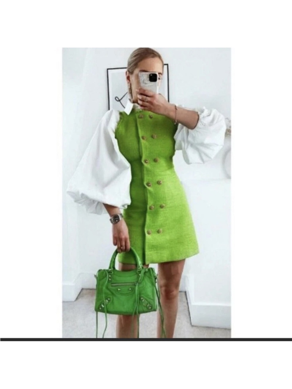 Zara Weaved Tweed Green Sleeveless Gold Double-Button Mini Dress sz L - Picture 3 of 8